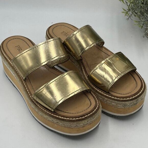 Prada Designer Gold Metallic Leather Espadrille Platform 2.5" Sandals Sz 39/8.5 - Picture 1 of 10